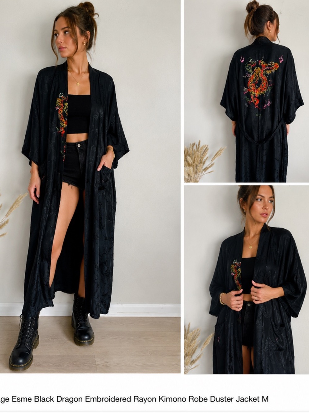 Vintage Esme Black Dragon Embroidered Rayon Kimono Robe Duster M - Picture 10 of 13